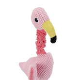 Close-up of Flamingo Dog Toy head with yellow beak and stretchy neck.